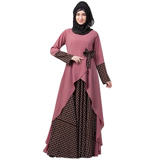 Polka dotted asymmetrical dress abaya- Puce Pink-Wine